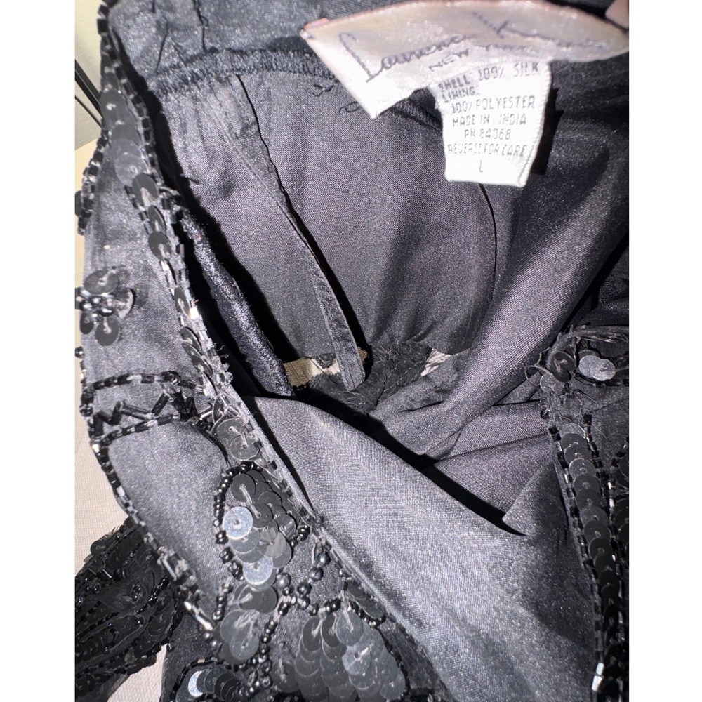 Laurence Kazar Black Silk Beaded Sequin Floral Evening Top Long Sleeve Large - Picture 9 of 12